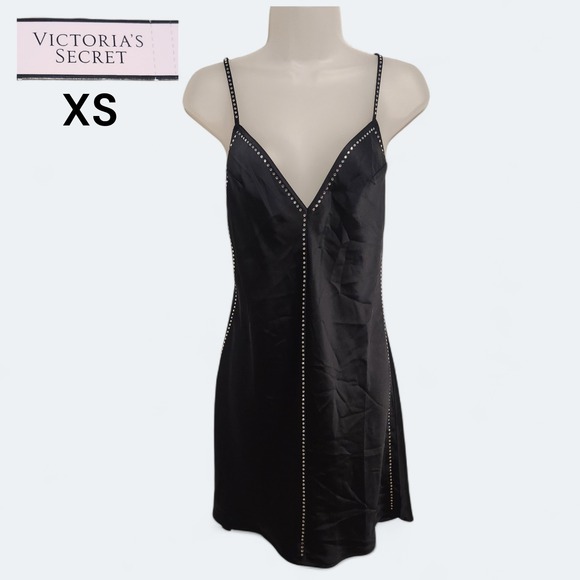 Victoria's Secret Other - Victoria's Secret Dream Angels Black Satin & Rhinestone Slip Nightgown XS Y2K
